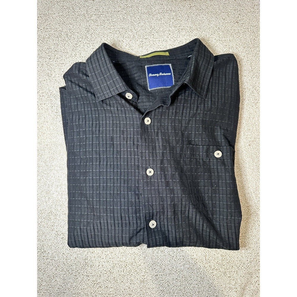 Tommy Bahama Mens Silk Button Down Shirt XL Black Textured Long Sleeves Classic